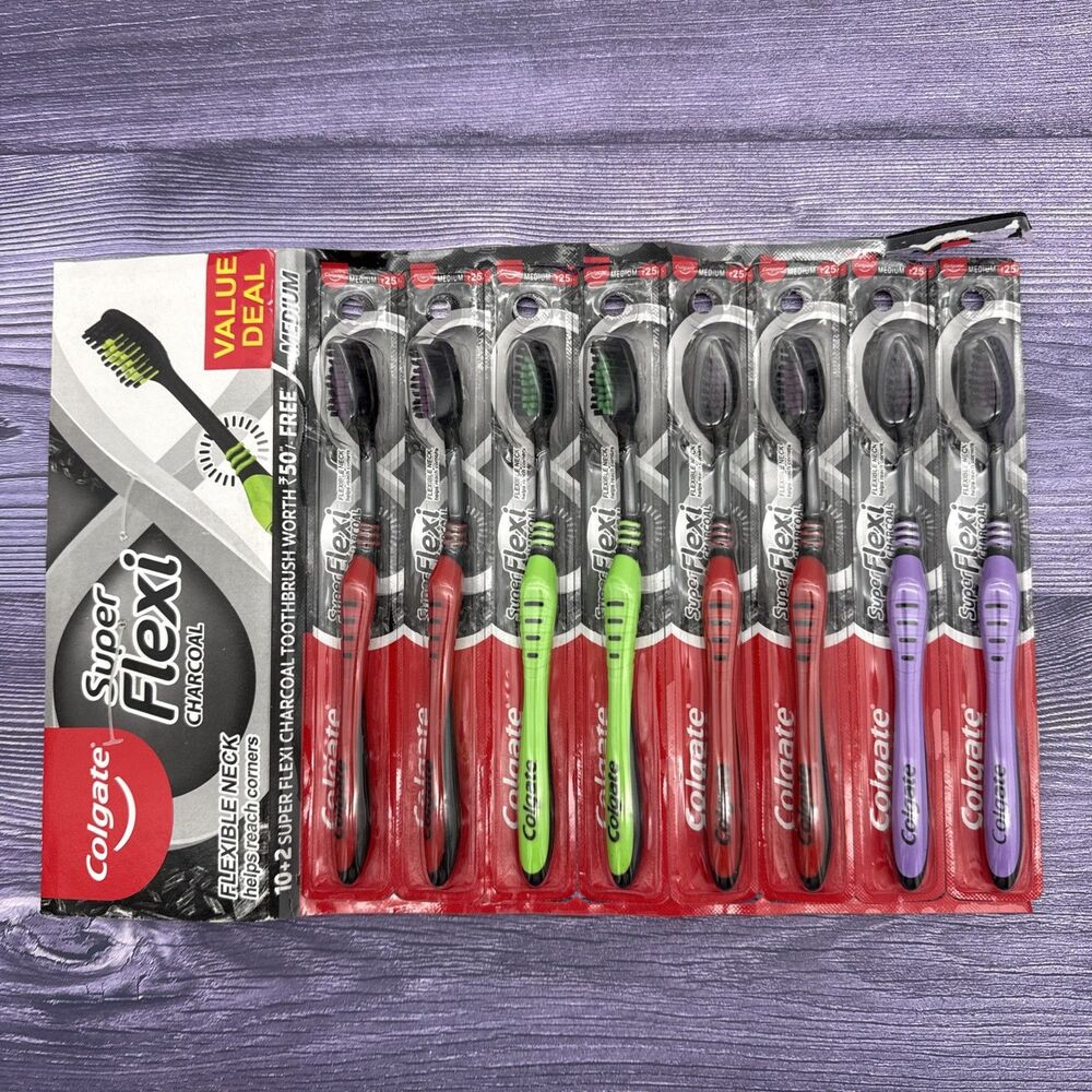 8 Pack Colgate Super Flexi Charcoal Toothbrush Medium Purple, Green, Red